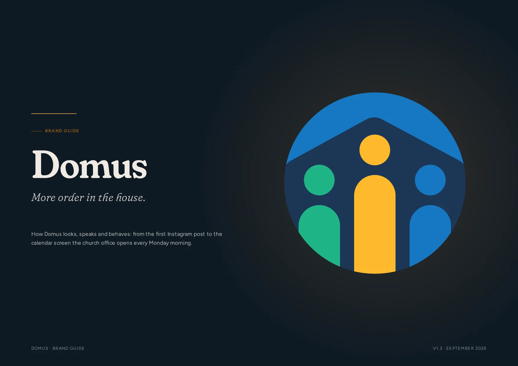 Domus brand guide cover: dark navy, the Domus symbol of a house with three people inside.